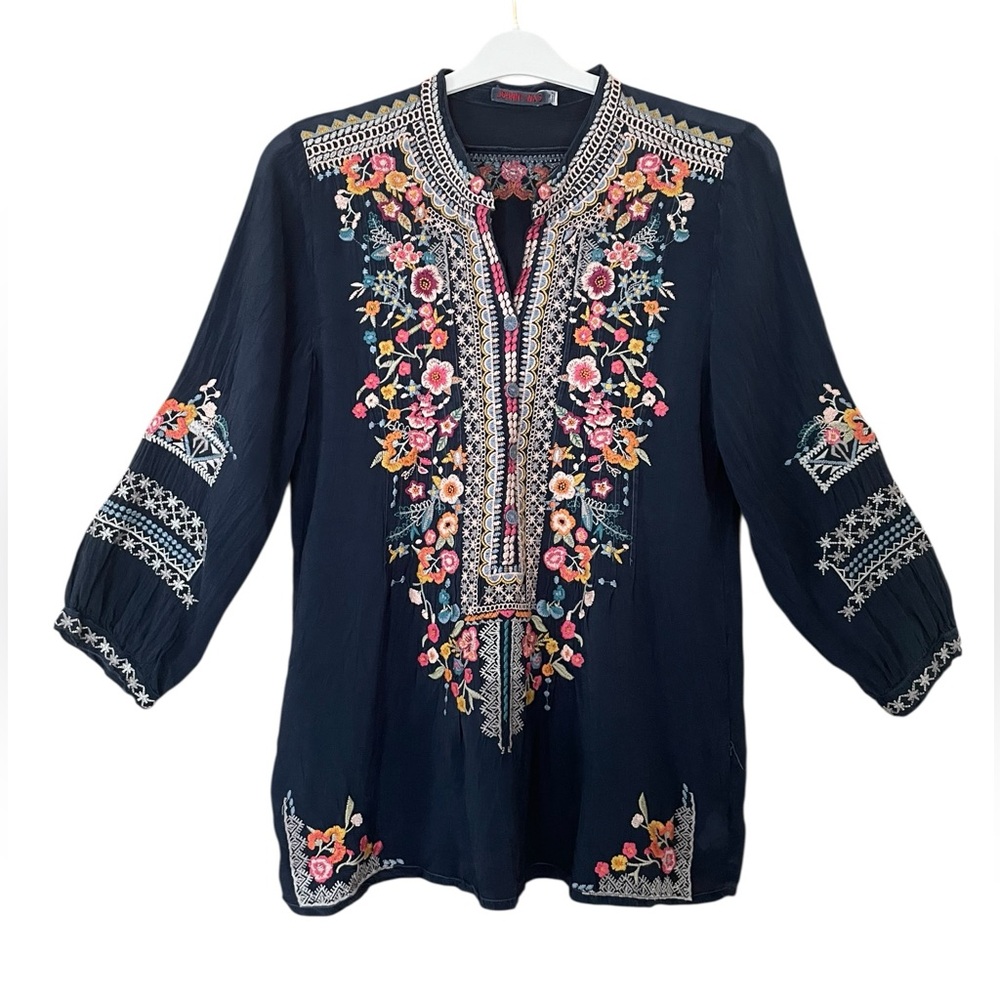 Johnny Was Navy Oversized Embroidered Colorful Boho Tunic Size XS ( Small)